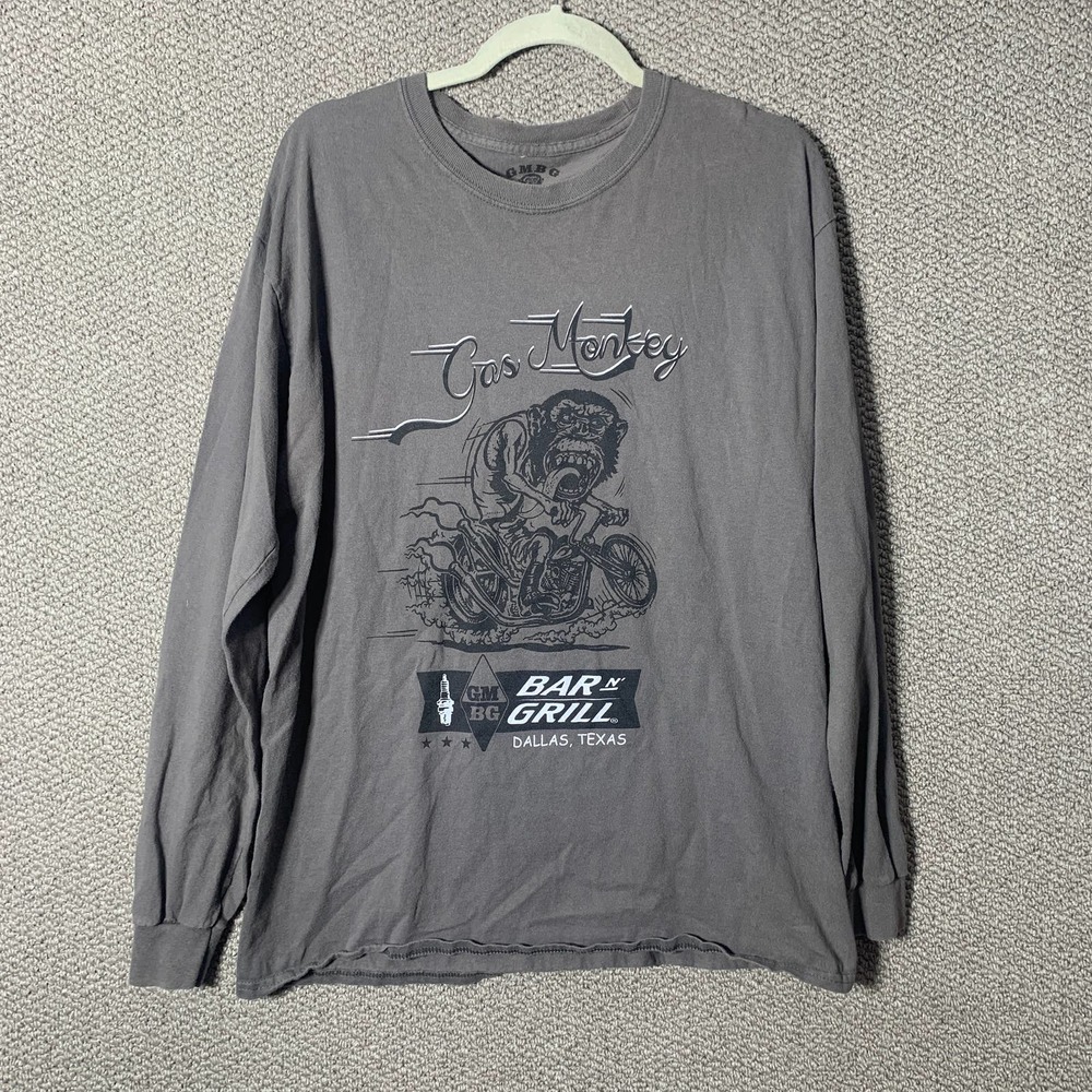 GMBG Gas Monkey Bar N Grill Mens Shirt Large Gray Long Sleeves Graphic Biker